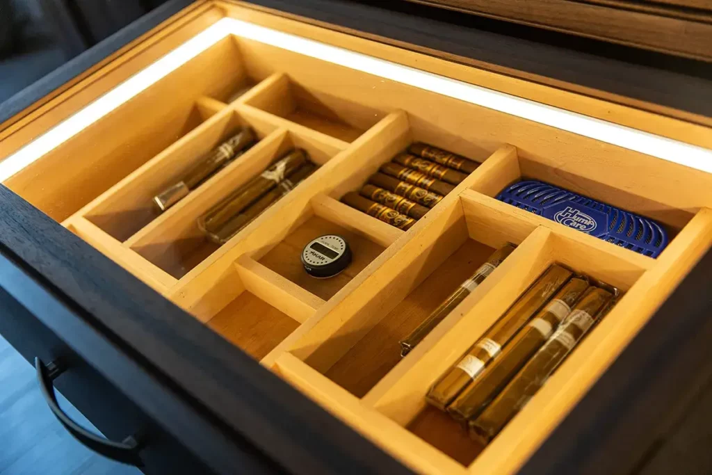 Custom Cigar drawer incorporated into built in entryway cabinets