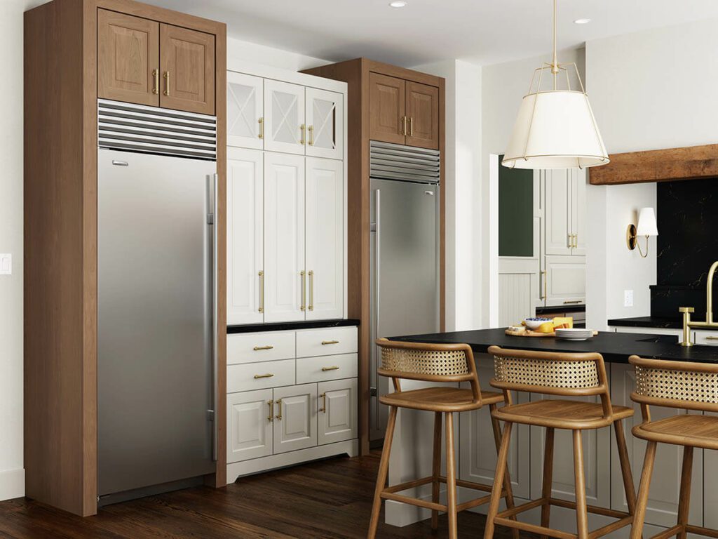 New stainless steel appliances in a modern farmhouse kitchen