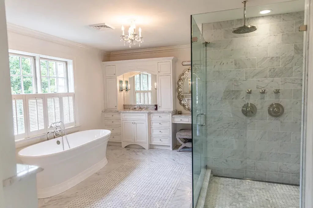 Custom Bathroom Remodel with white soaking tub and walk-in shower