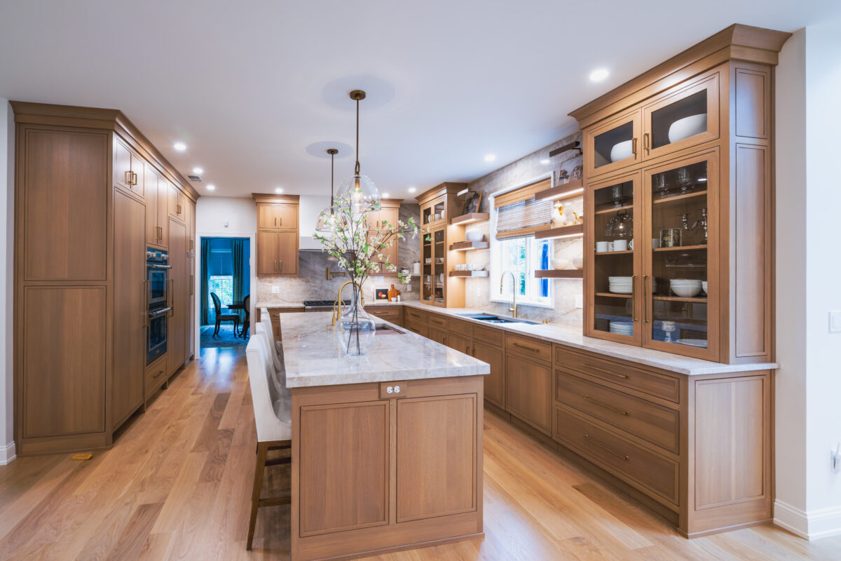 Kitchen with light brown cabinets and an island in PA.