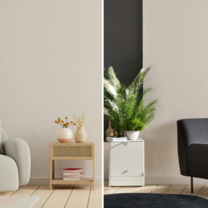 Side by side of a room with gray chair and same room with black chair.