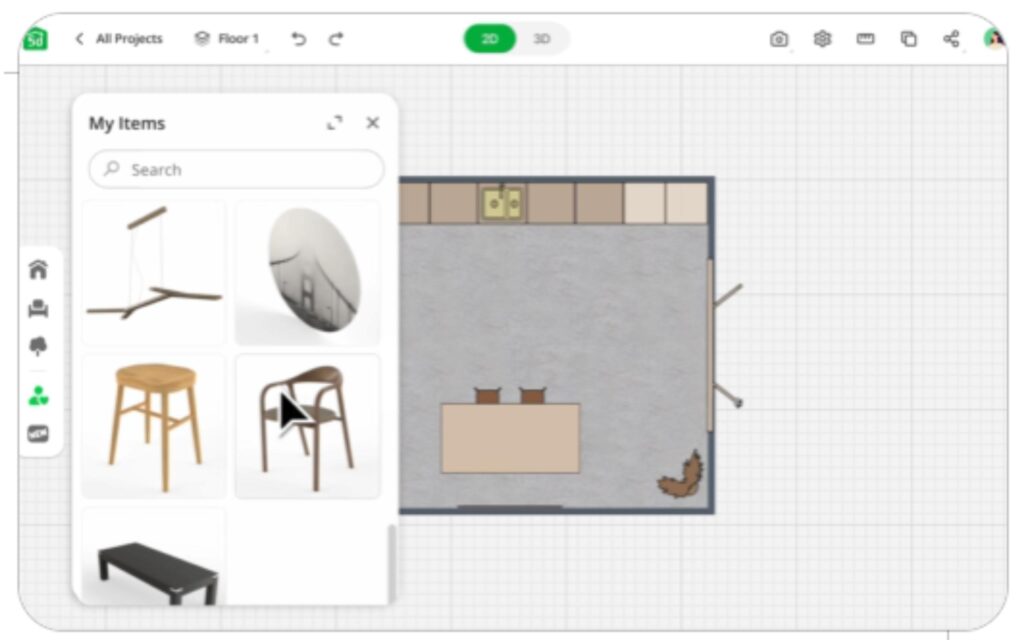 Chairs and benches on the left and a room on the right to plan interior.