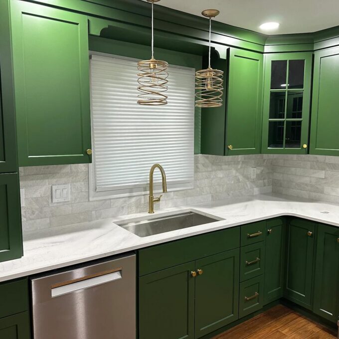 Kitchen remodel Lehigh Valley PA featuring green custom cabinets with brass hardware and full overlay design by Laslo custom kitchens