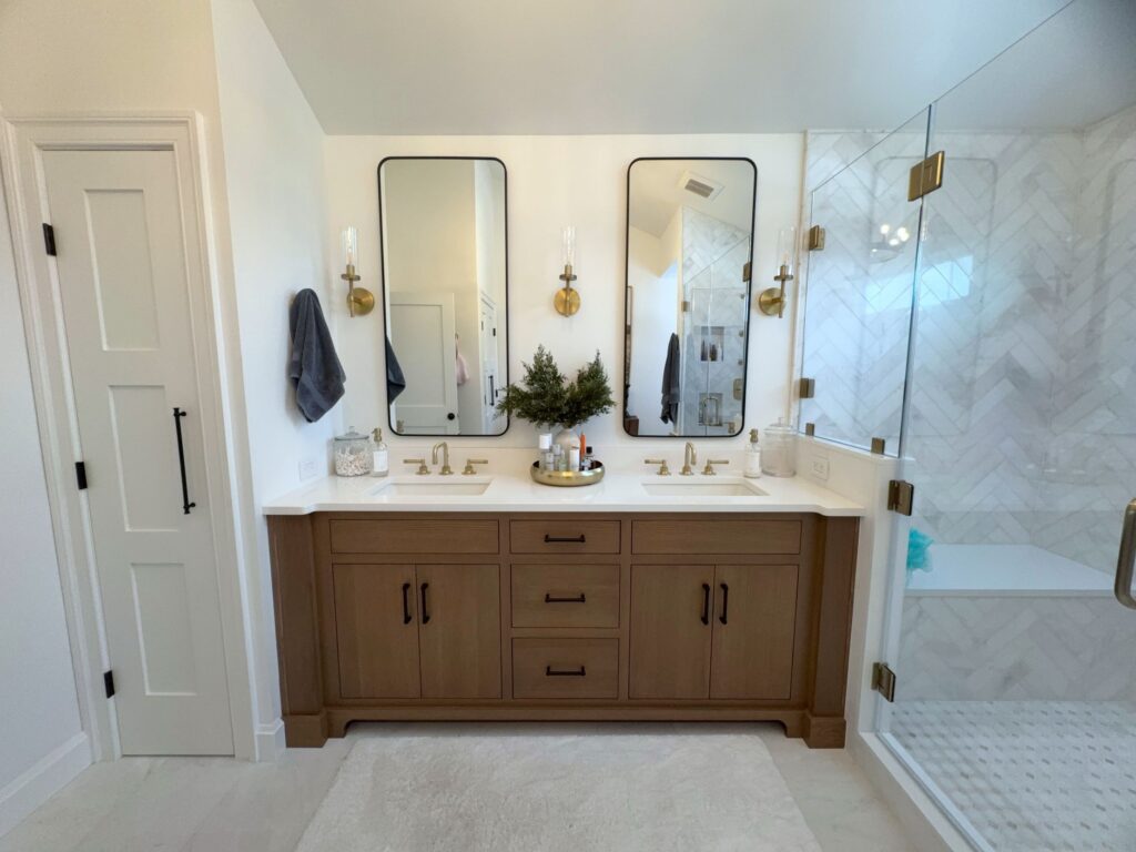 Custom bathroom vanity cabinets in Bethlehem PA with white rift cut oak and double sinks