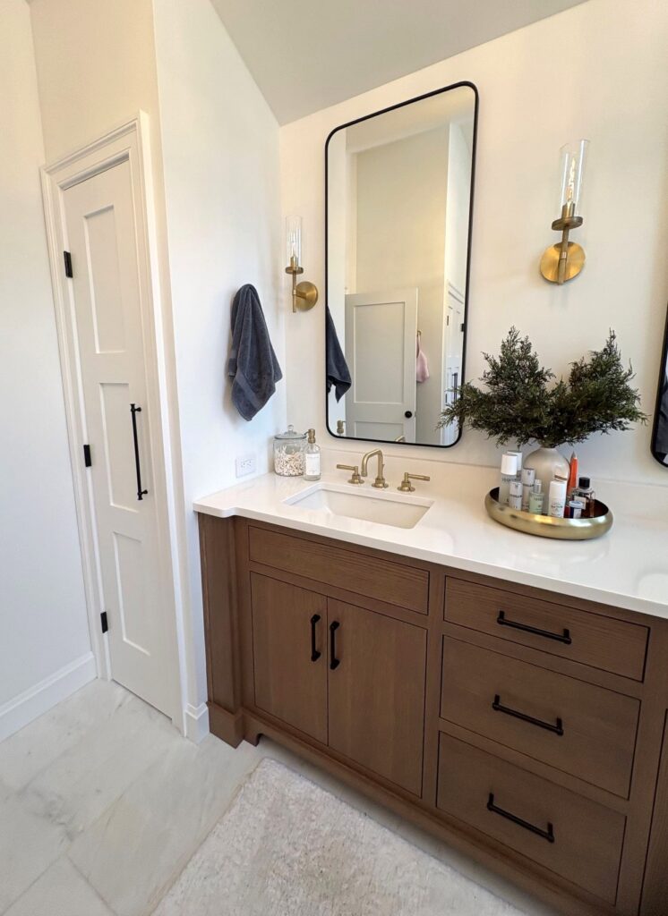 Double vanity with flush inset white rift cut oak cabinetry in Bethlehem PA
